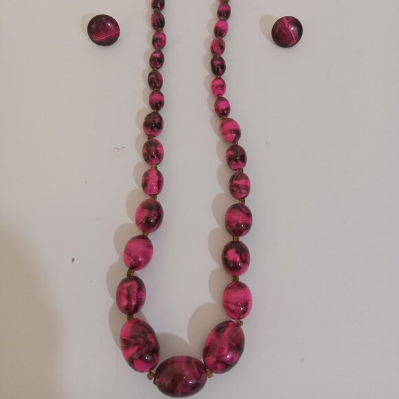 Lucite Necklace Earring Set Pink Black Swirled Button Shaped Graduated Beads - Picture 1 of 6
